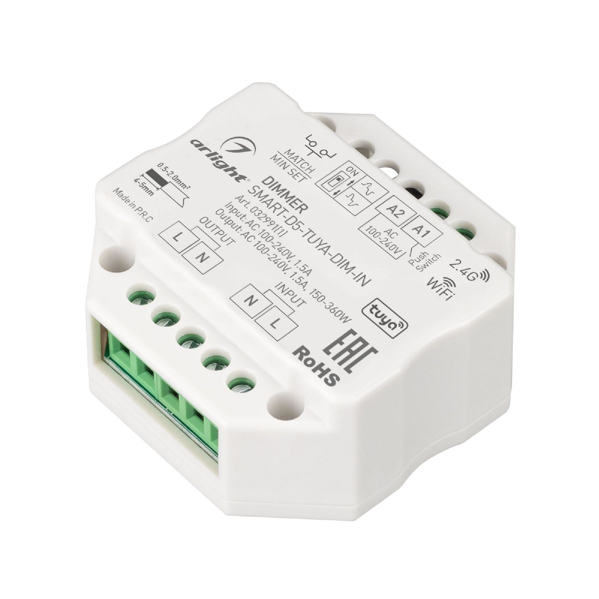 Диммер Arlight SMART-D5-TUYA-DIM-IN (230V, 1.5A, TRIAC, WiFi, 2.4G) 032991(1)