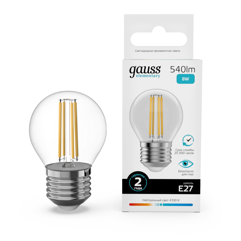 Лампа светодиодная Gauss Filament Elementary E27 8W 4100K 52228