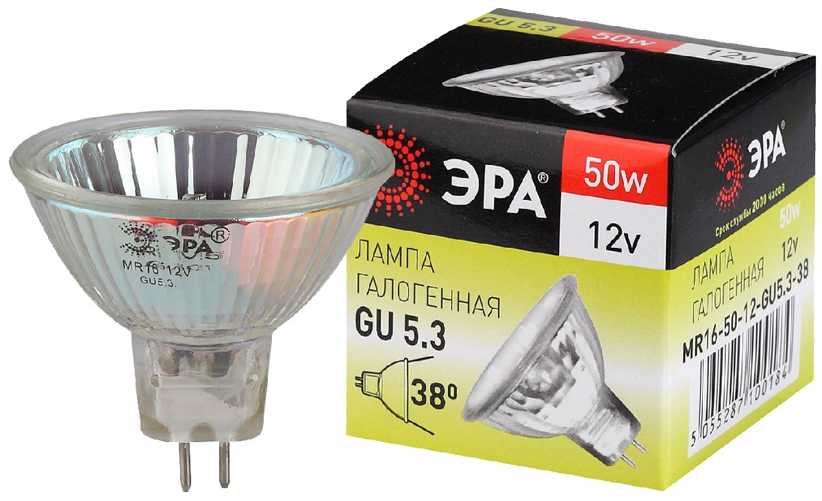 Лампа галогенная Эра GU5.3 50W 3000K GU5.3-MR16-50W-12V-CL C0027358