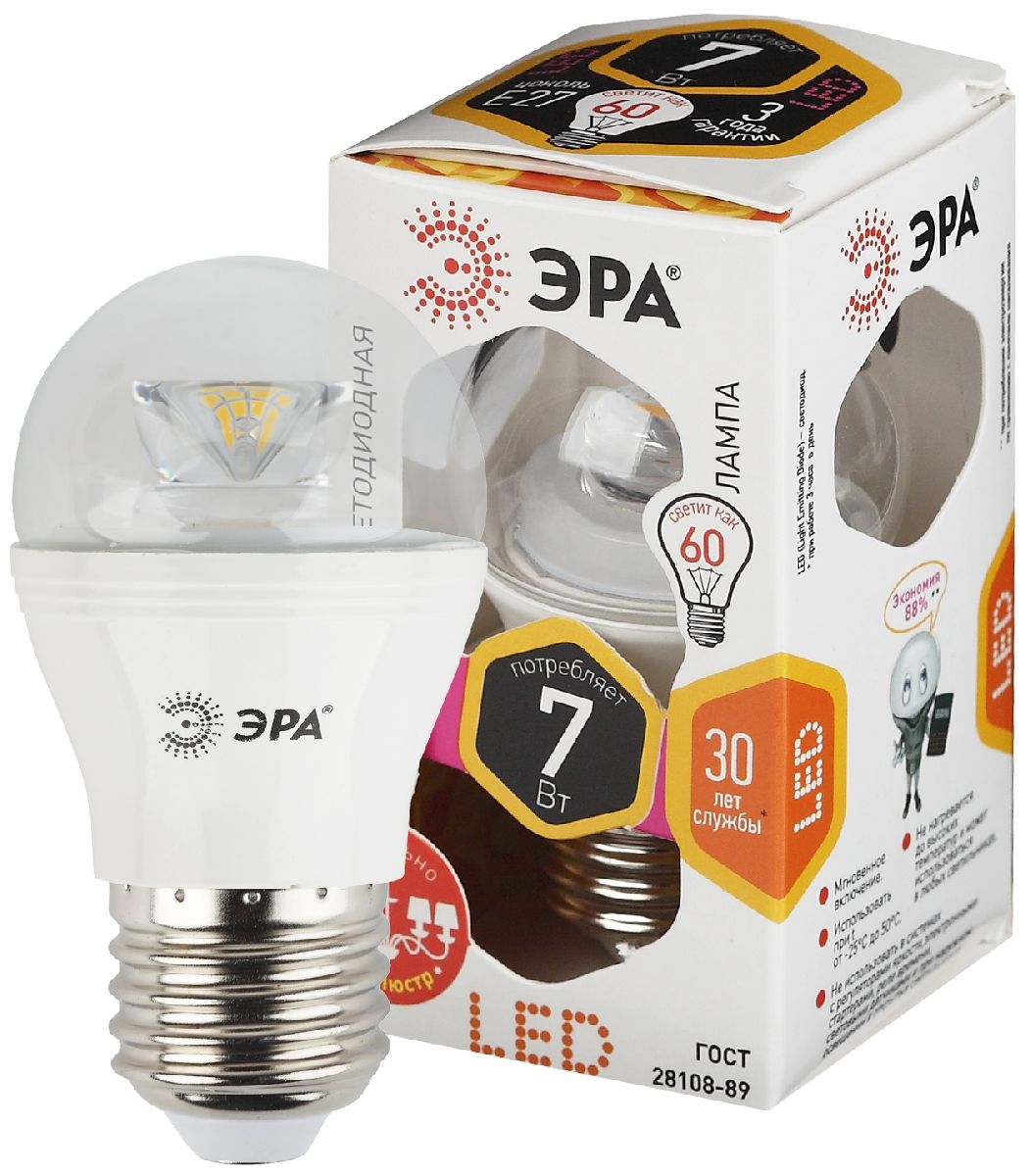 Лампа светодиодная Эра E27 7W 2700K LED P45-7W-827-E27-Clear Б0017243