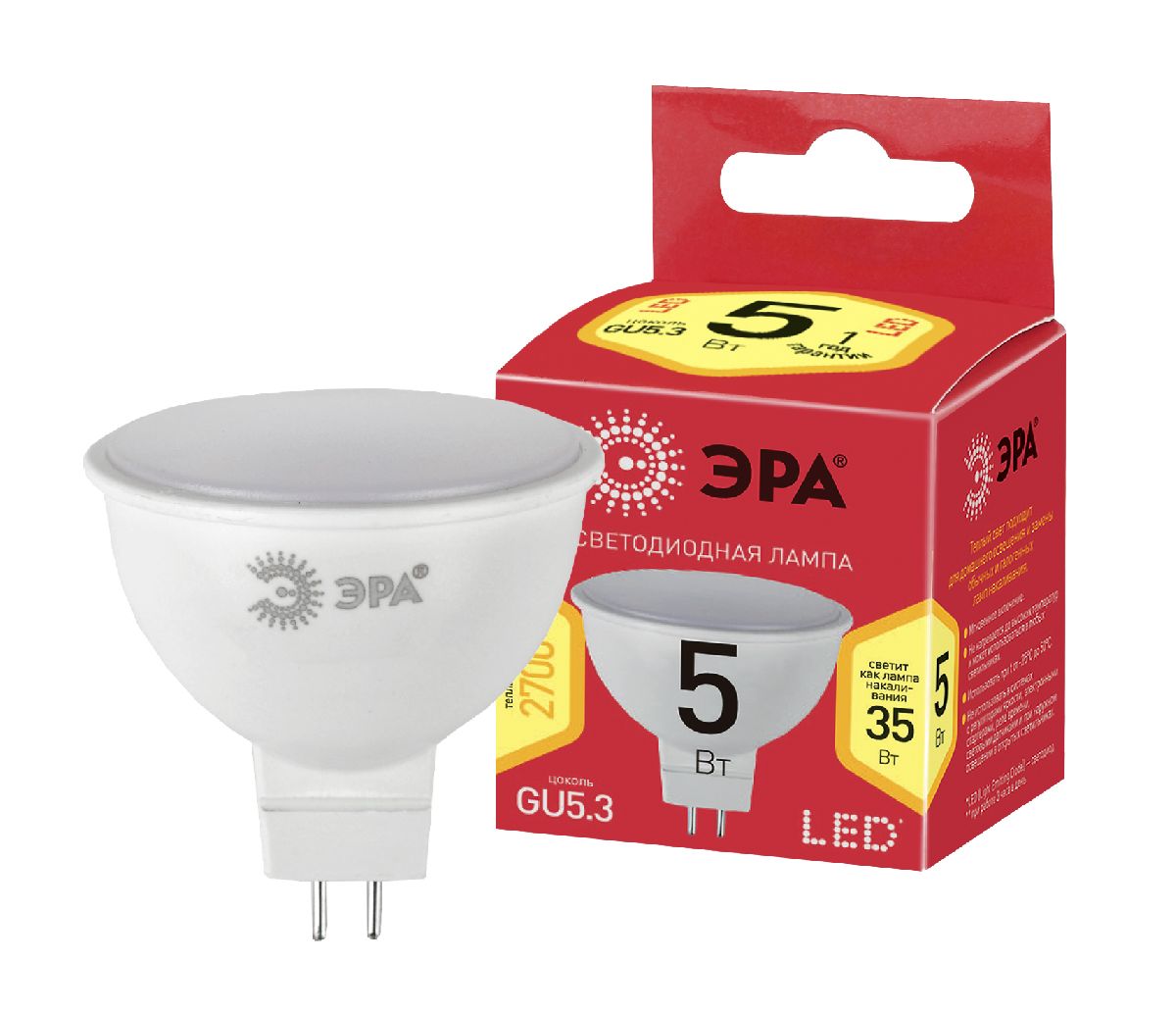 Лампа светодиодная Эра GU5.3 5W 2700K ECO LED MR16-5W-827-GU5.3 Б0019060