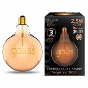 Лампа светодиодная филаментная Gauss E27 2,5W 2000K шар золотой 175802003